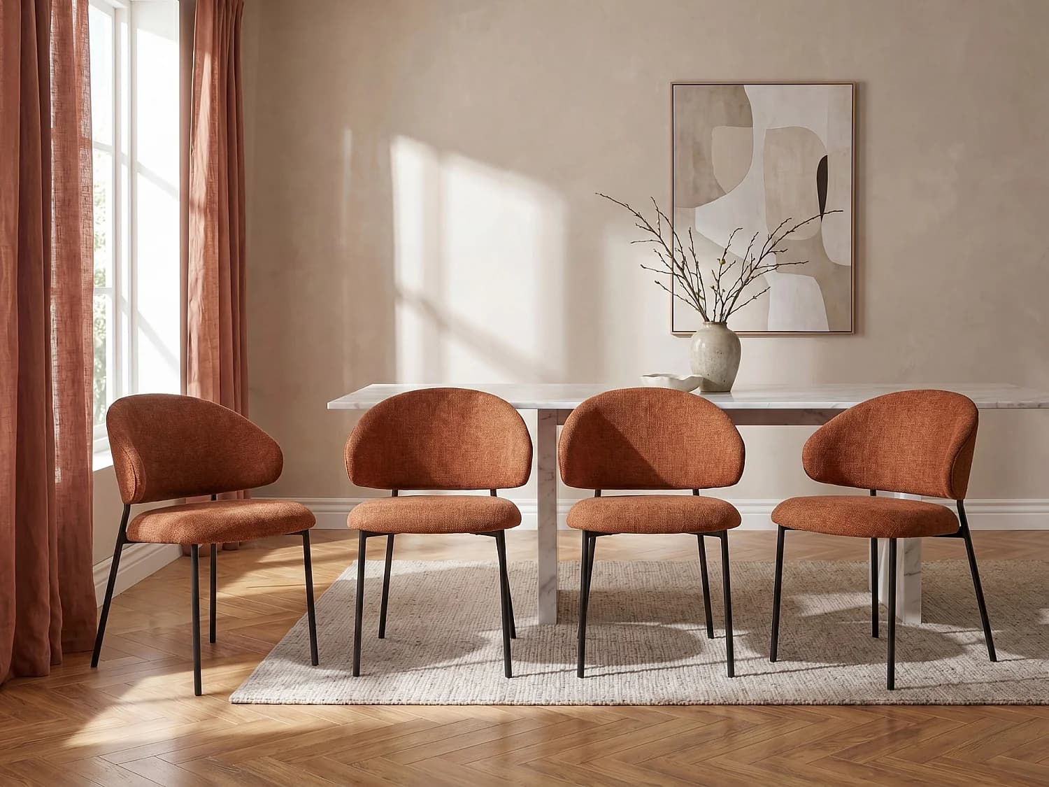Lot de 4 chaises en tissu texturé et métal noir - Terracotta - VOSINIA