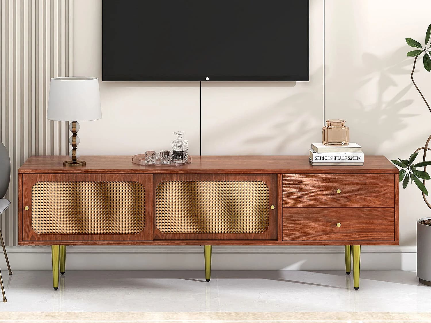 Meuble TV 160 cm avec 2 tiroirs 2 portes coulissantes - Motif en rotin - Bois MDF & métal - Coloris noyer