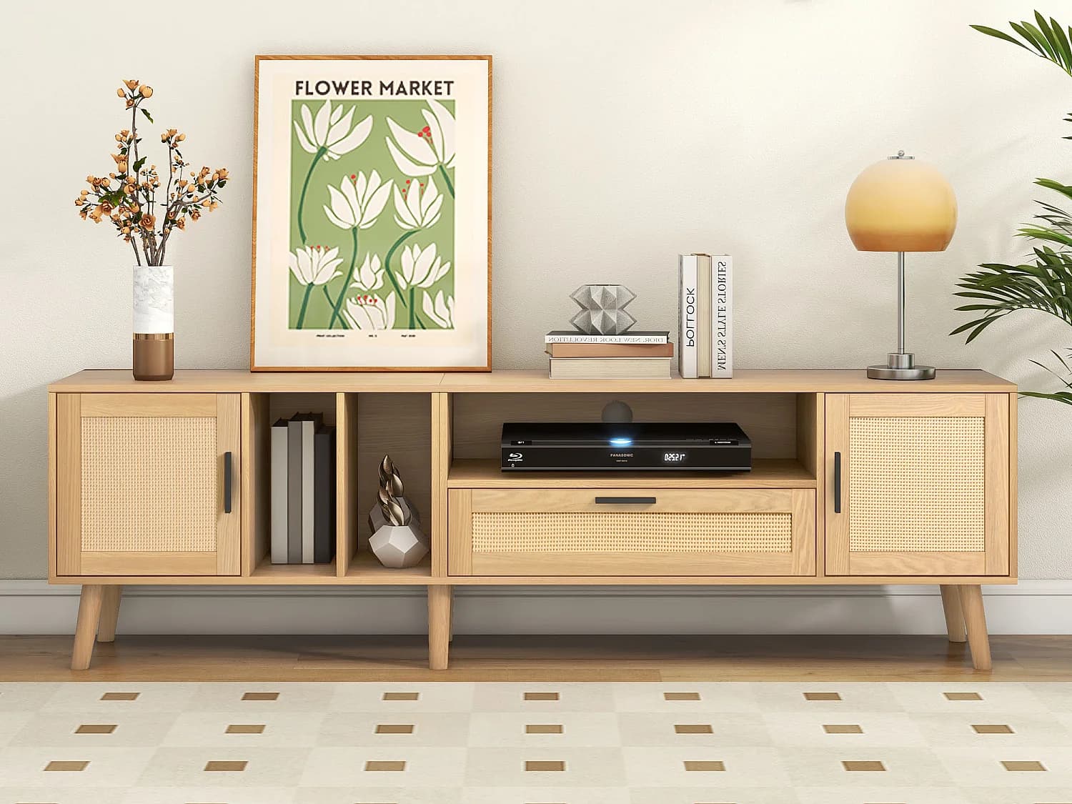 Meuble TV, Banc TV 180 cm avec 2 portes et un tiroir, Pour les TV jusqu'à 80", Bois massif, Chêne