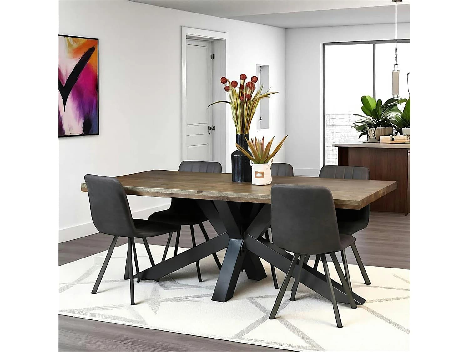Table pied central bois de chêne et métal 200 cm HUDSON