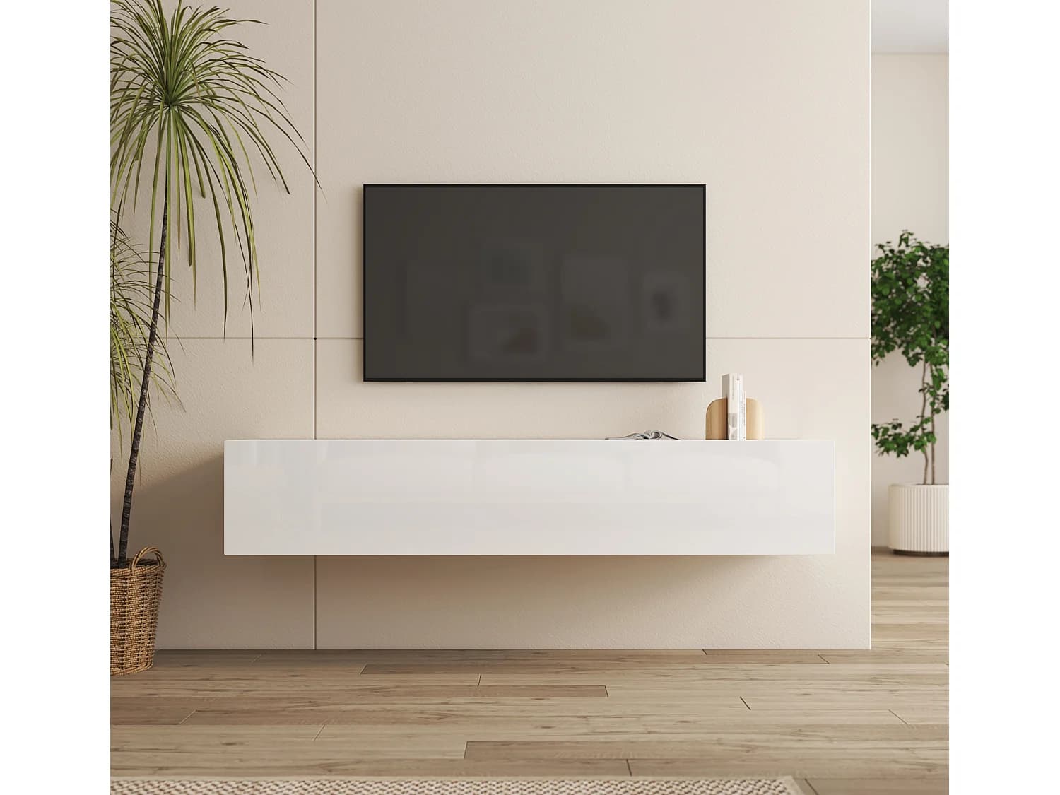 Meuble TV suspendu pour Salon Salle à manger en Blanc 160x40x30cm Nora H2