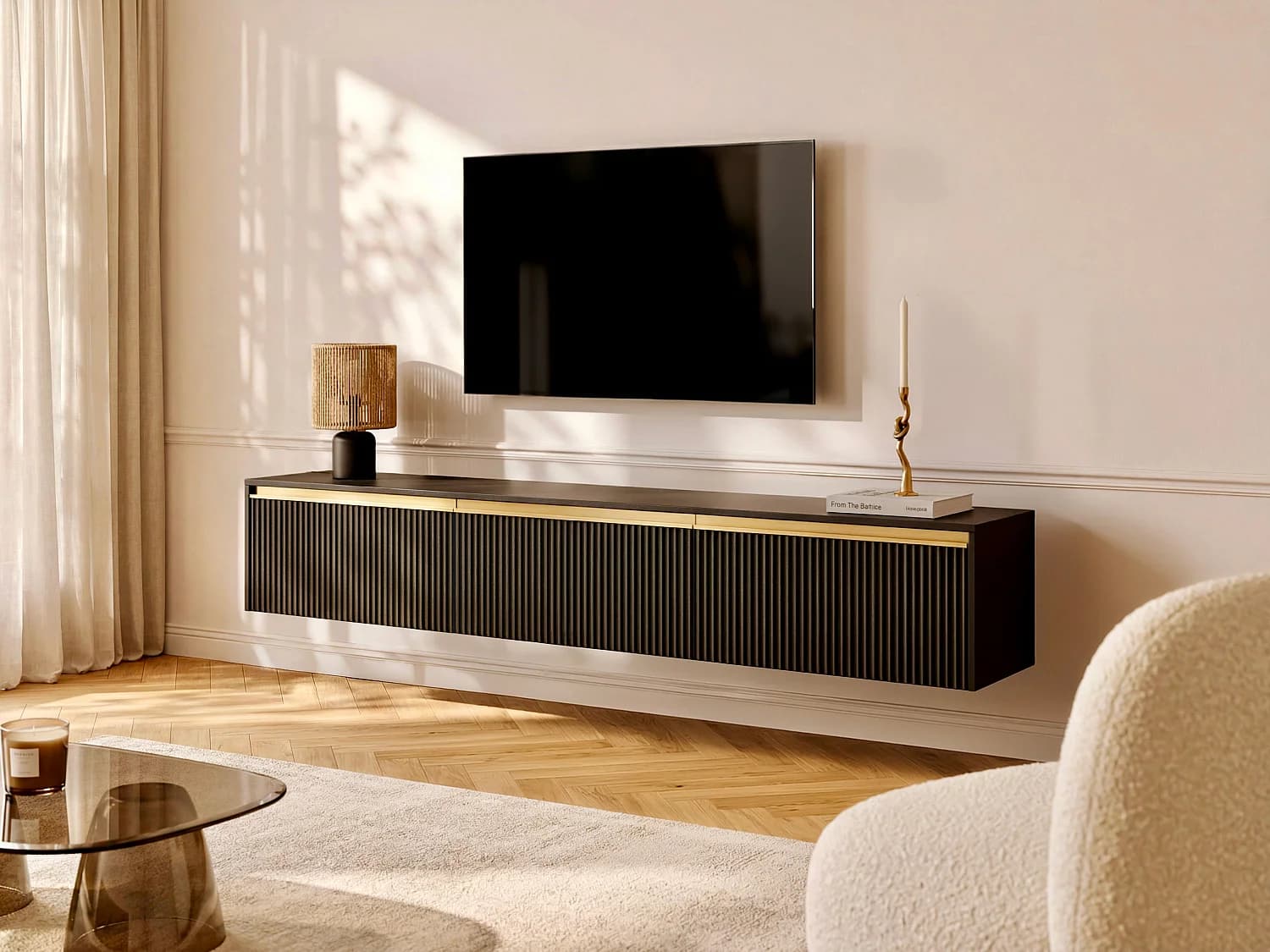 Meuble TV suspendu ou à poser avec 3 portes en MDF - Noir et doré - POSINIA