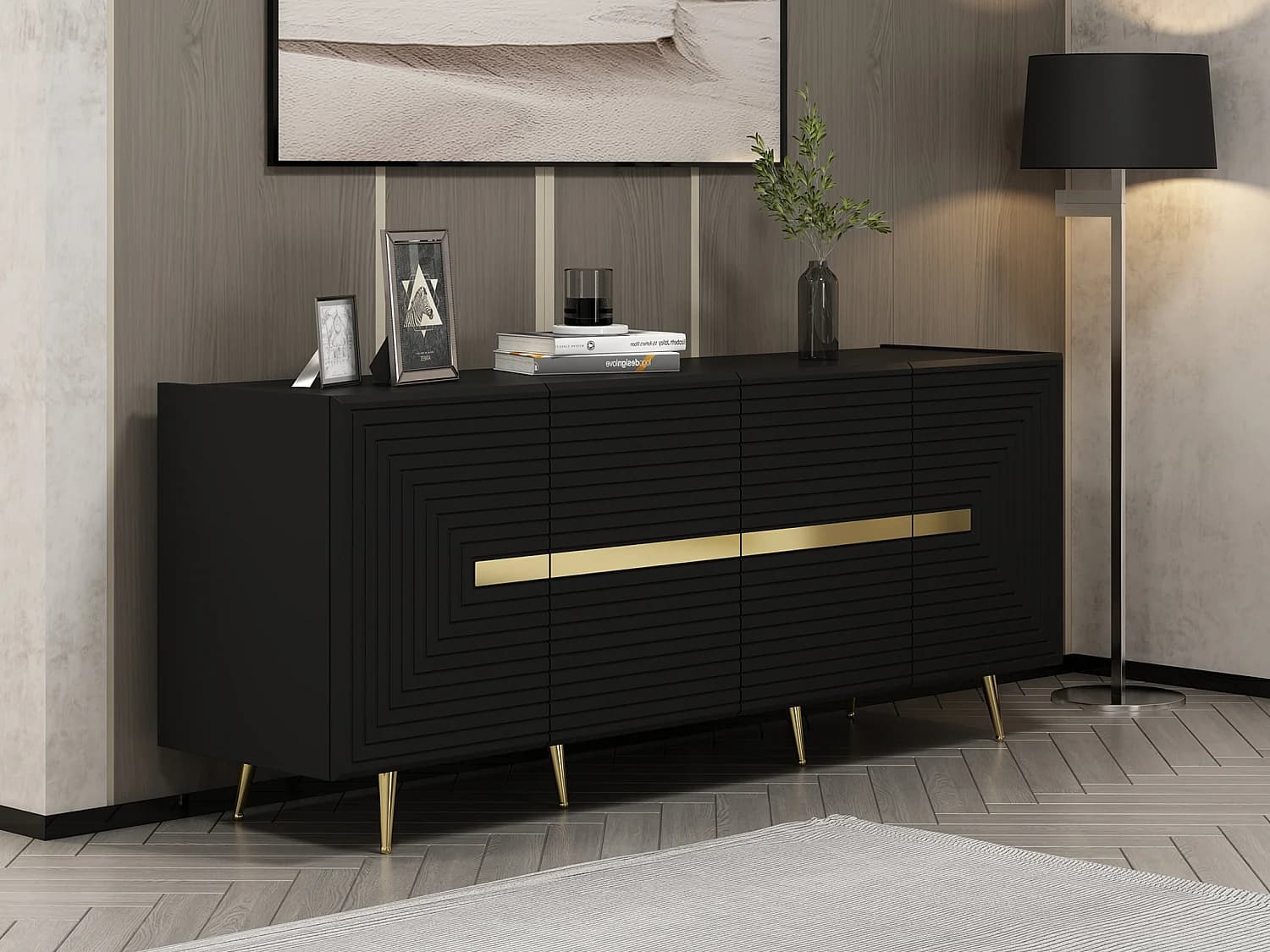 Buffet avec 4 portes en MDF - Noir et doré - MOLYA