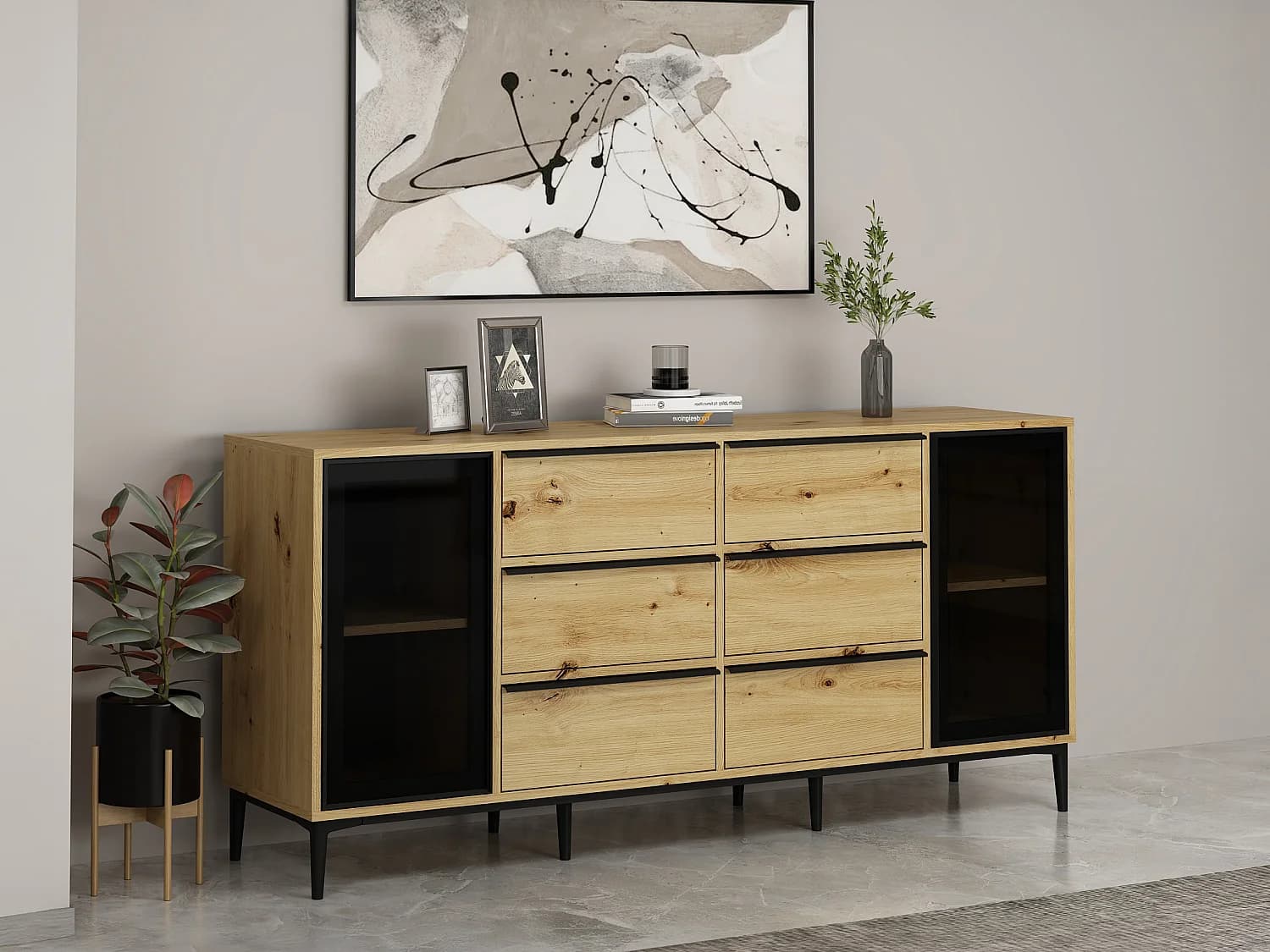 Buffet avec 2 portes en verre trempé et 6 tiroirs - Naturel et noir - MOLINIA