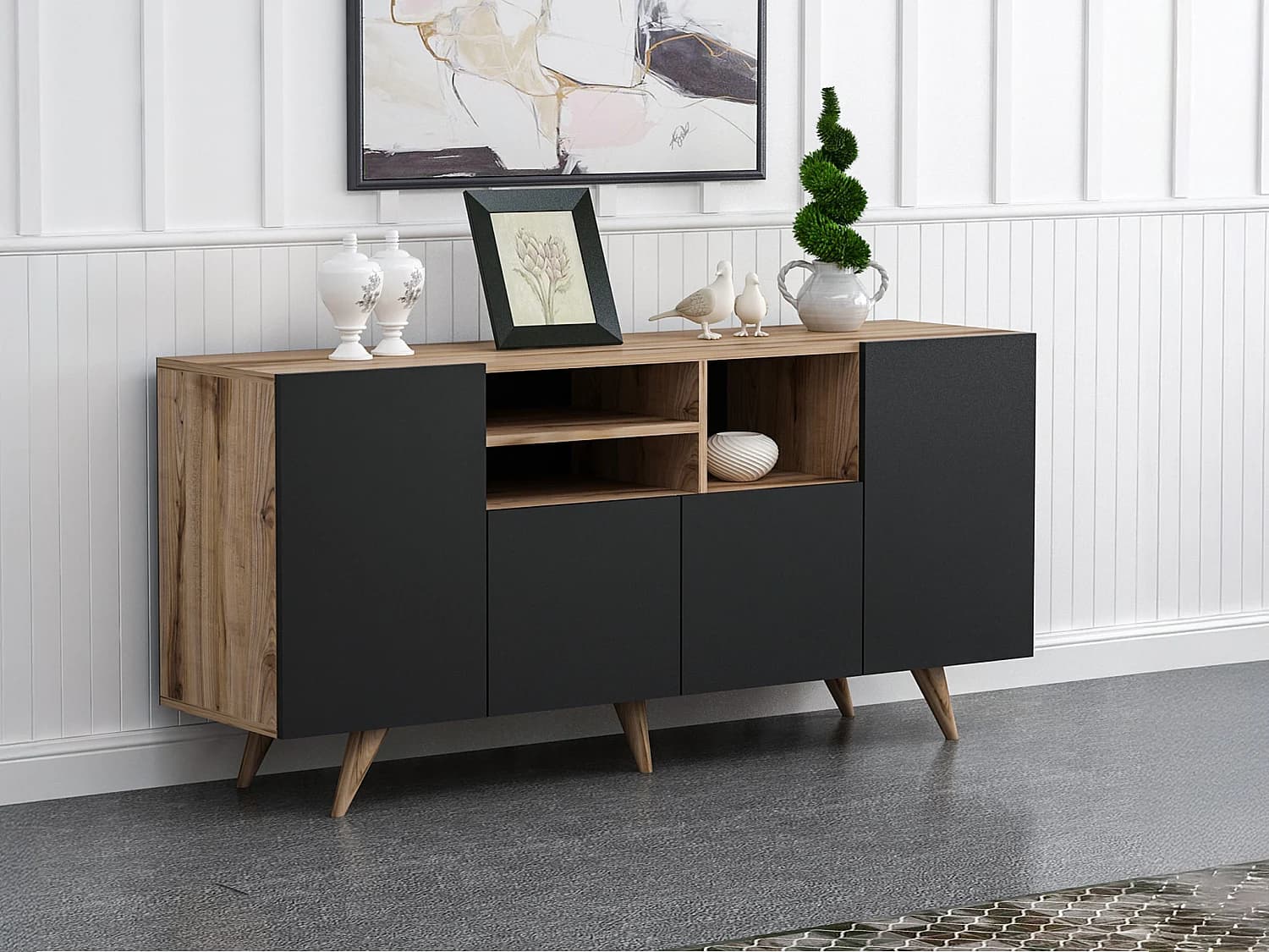 Buffet avec 4 portes et 3 niches - Noir et naturel - MOSTIA