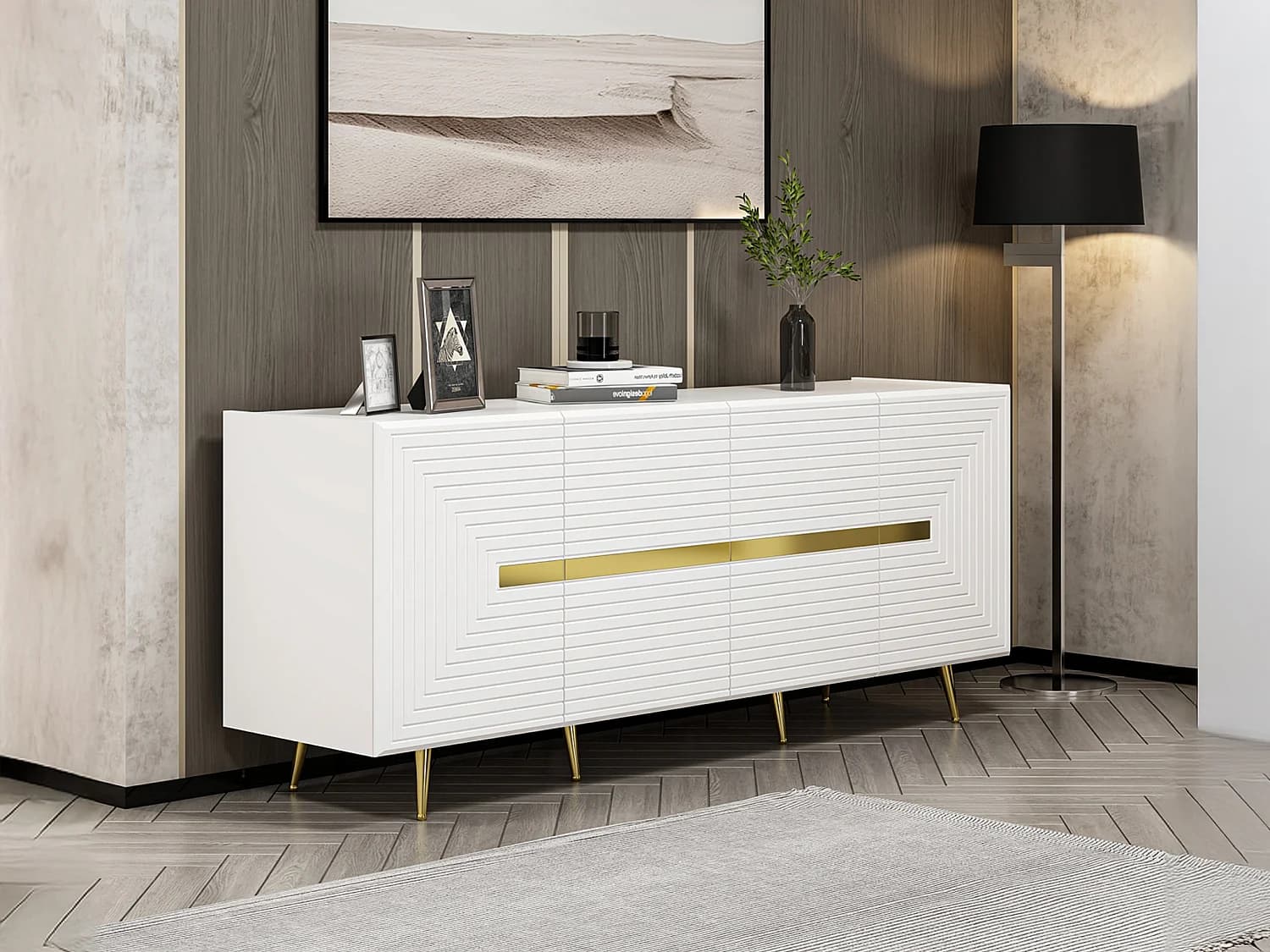 Buffet avec 4 portes en MDF - Blanc et doré - MOLYA