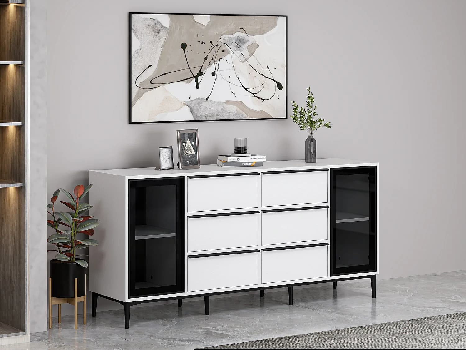 Buffet avec 2 portes en verre trempé et 6 tiroirs - Blanc et noir - MOLINIA