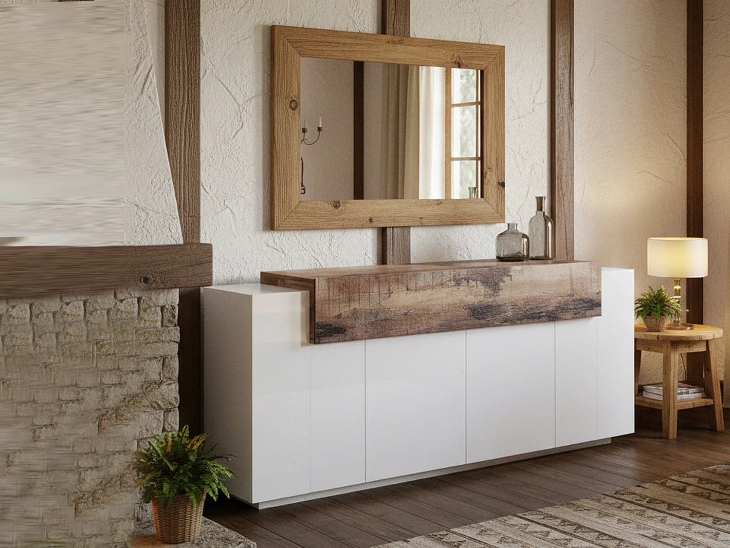 Buffet Loris, Buffet de cuisine avec 4 portes, Buffet de salon, 100% Made in Italy, 200x45h86 cm, Blanc brillant et érable