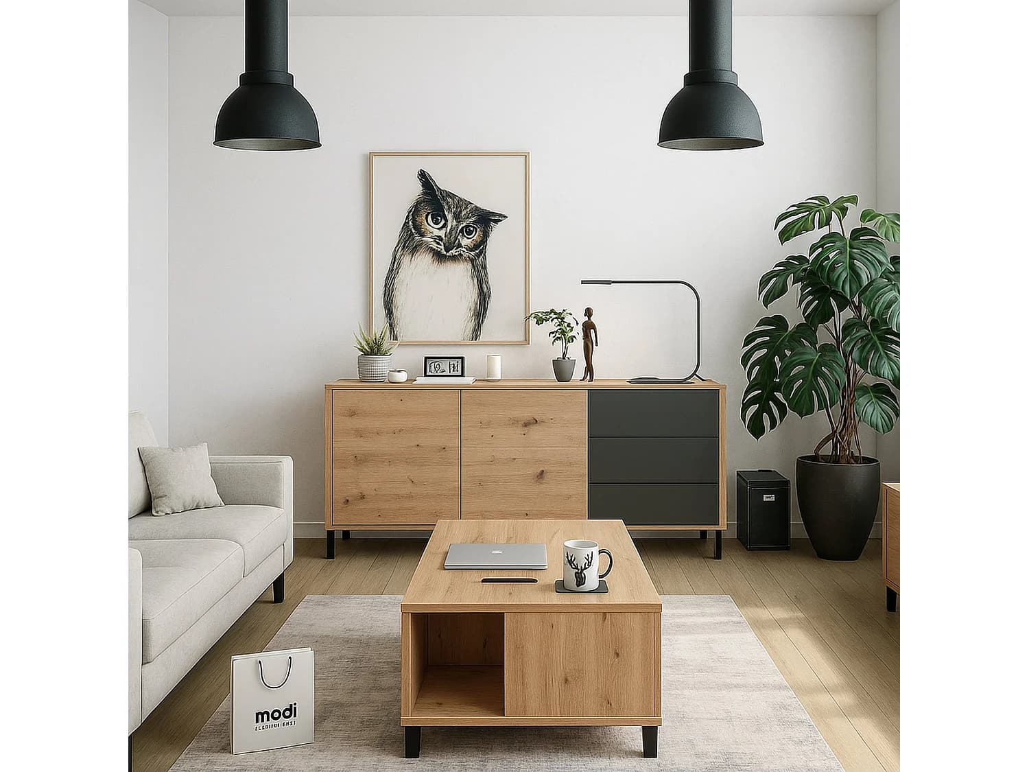Buffet Concord, Buffet de salon, Meuble TV, Armoire de salon, Buffet moderne avec 2 portes et 3 tiroirs, 154x41h74 cm, Chêne noué et Anthracite