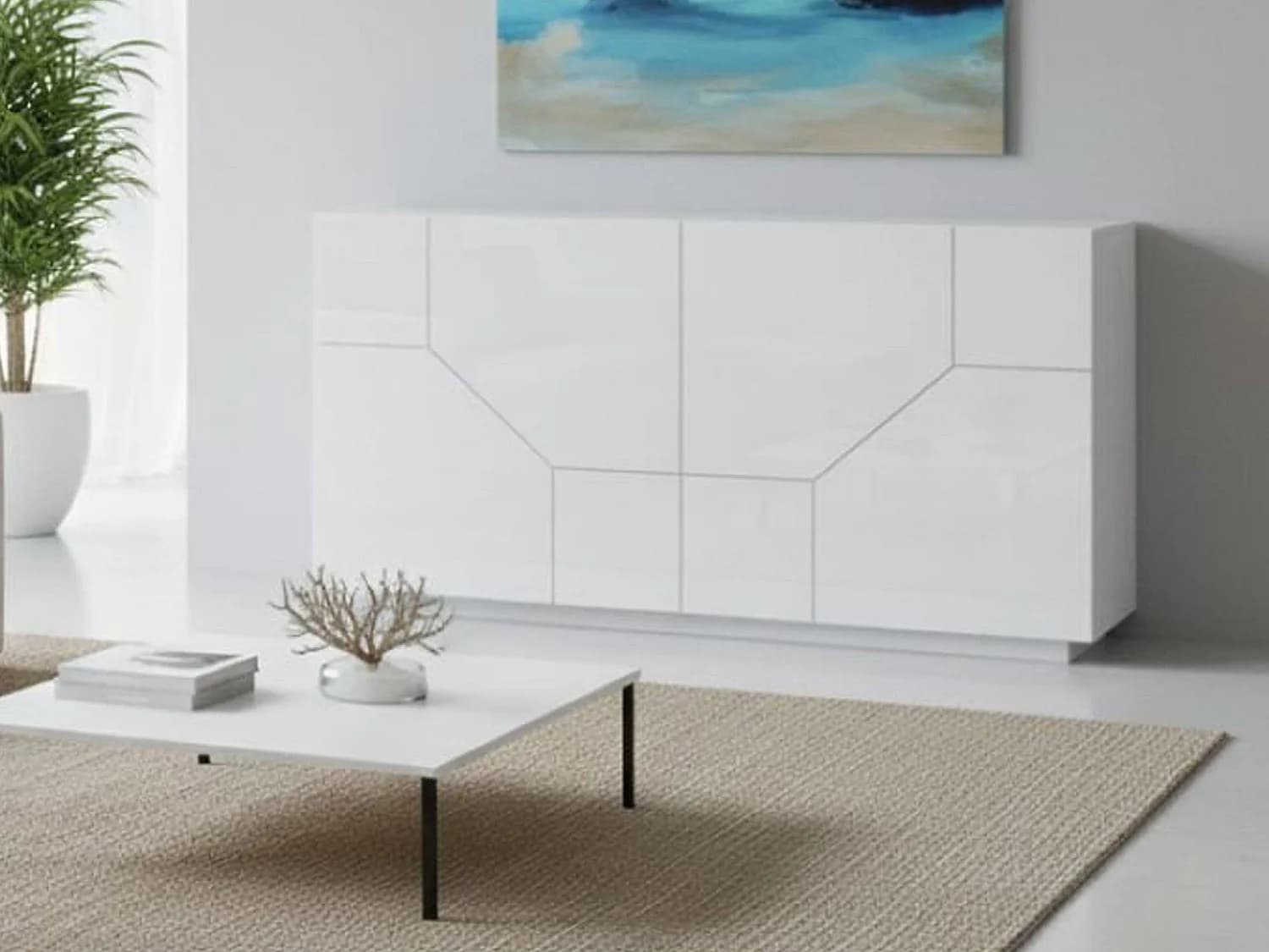 Buffet Stefano, Buffet de cuisine 4 portes, Buffet de salon, 100% Made in Italy, 200x43h86 cm, Blanc brillant