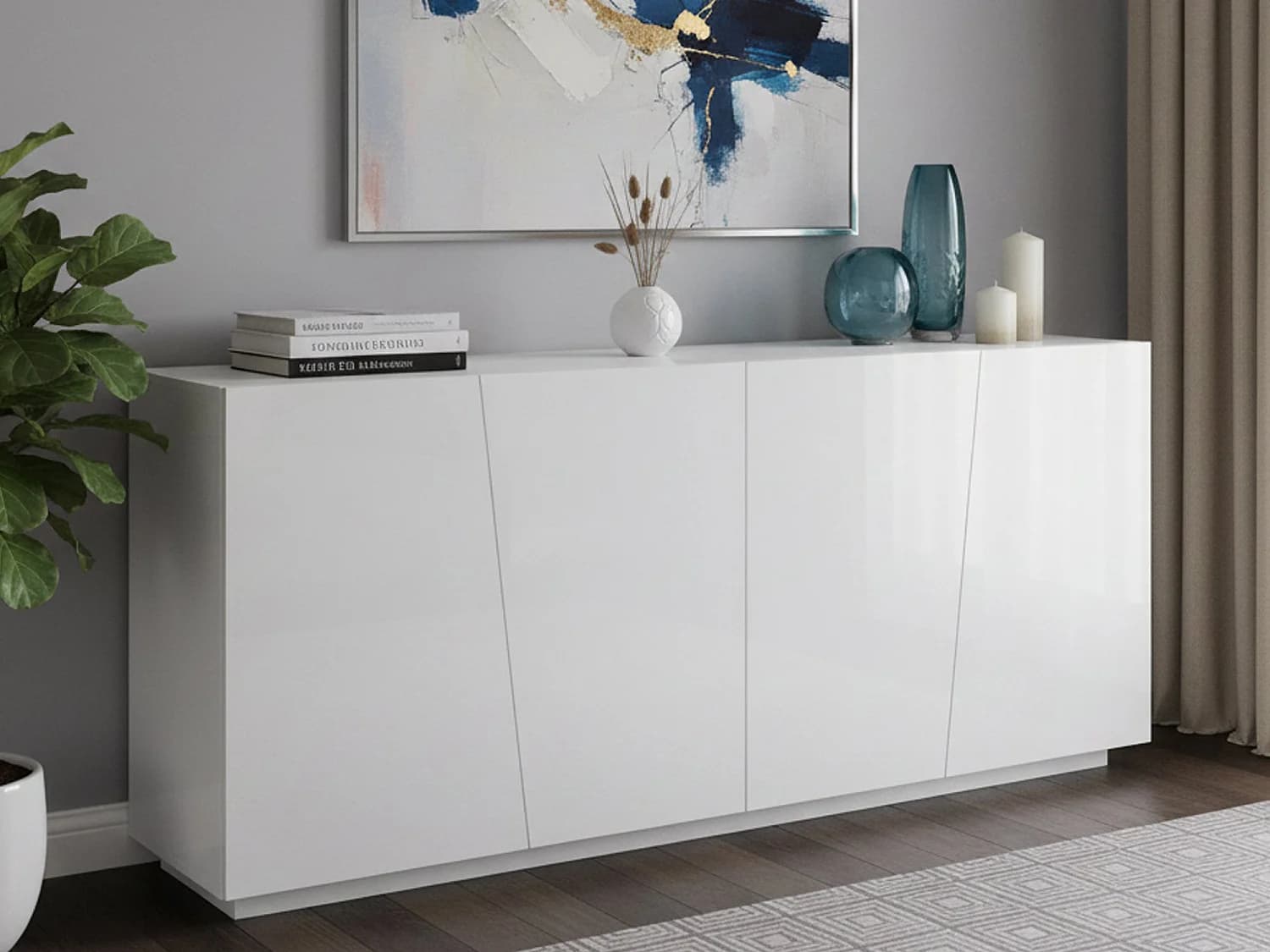 Buffet Oscar, Buffet de cuisine 4 portes, Buffet de salon, 100% Made in Italy, 200x43h86 cm, Blanc brillant