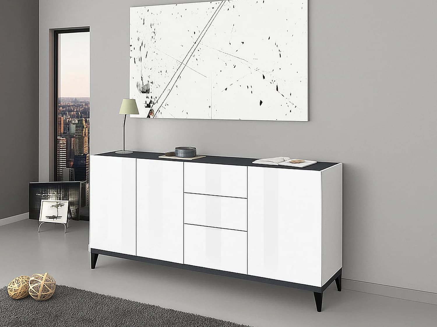 Buffet Paolo, buffet de cuisine 3 portes et 3 tiroirs, Buffet de salon, 100% Made in Italy, 160x40h82 cm, Blanc brillant et ardoise