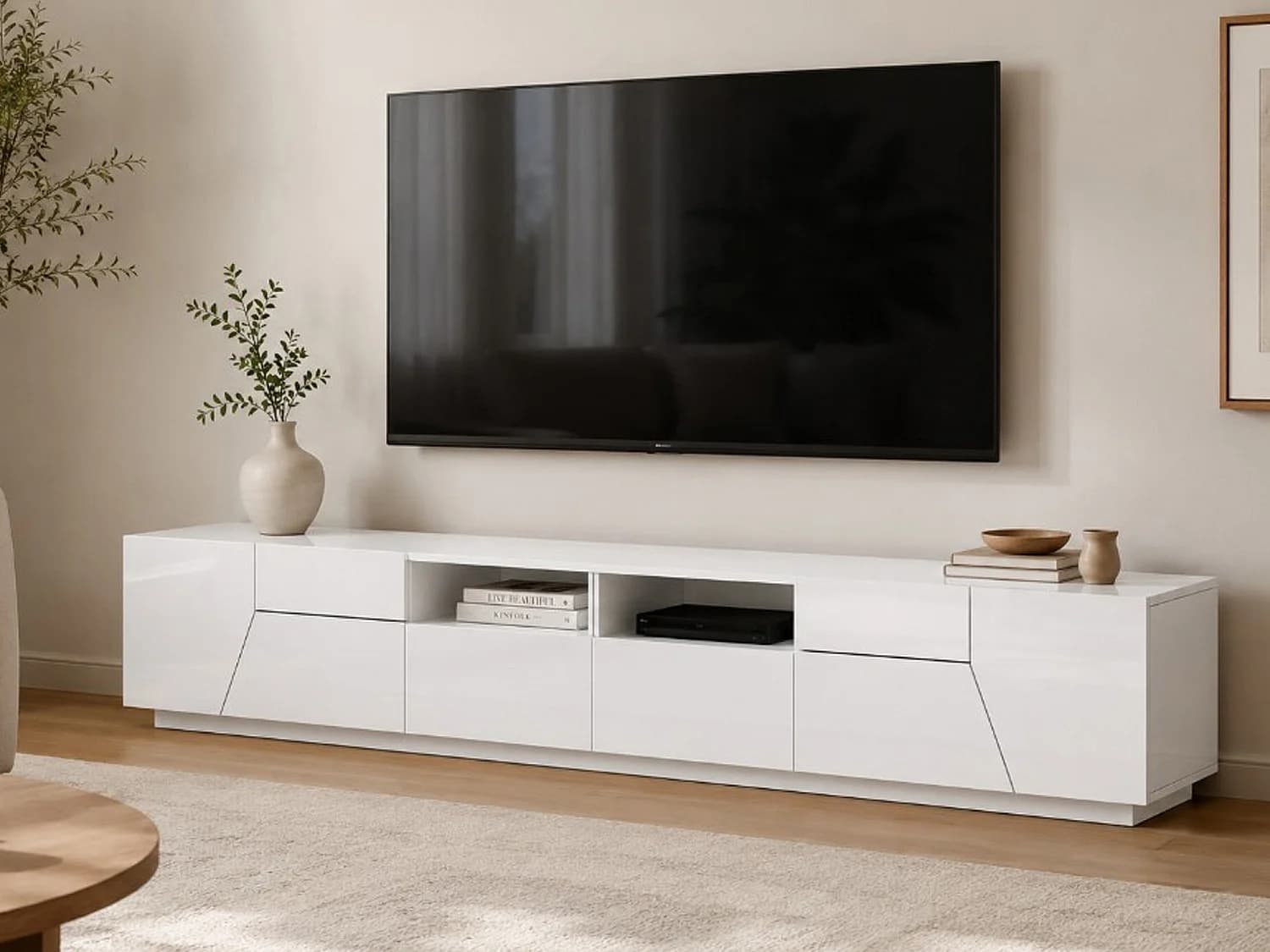 Meuble TV Gregorio, Buffet bas de salon avec 4 portes, Base pour meuble TV, 100% Made in Italy, 260x43h46 cm, Blanc brillant