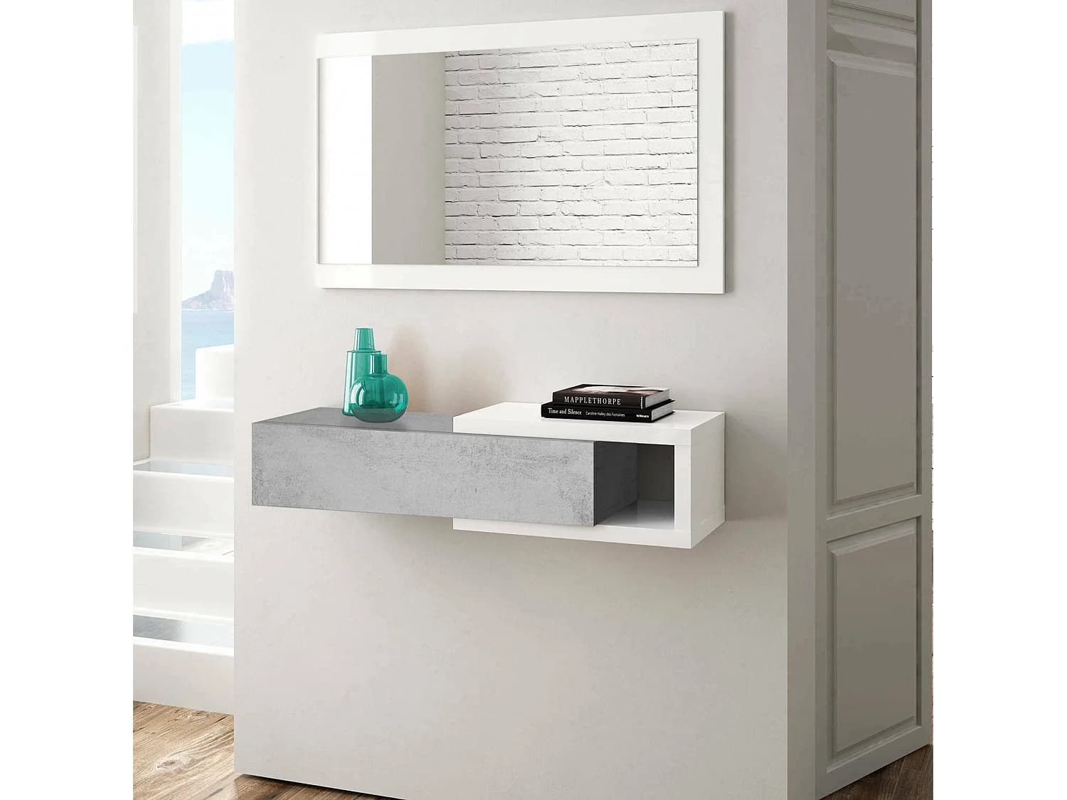 Meuble d'entrée Mcallen, Entrée réversible avec miroir, Meuble d'entrée avec tiroir, Plateau de poche pour appartements, 95x26h69 cm, Blanc et Ciment
