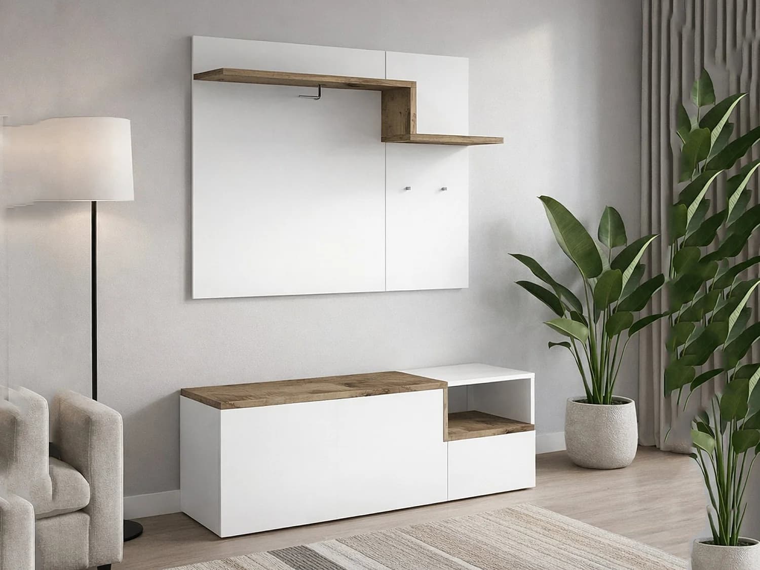 Meuble d'entrée Yuri, entrée multifonction moderne, casier polyvalent pour hall d'entrée, 100% Made in Italy, 120x40h54 cm, blanc brillant et érable