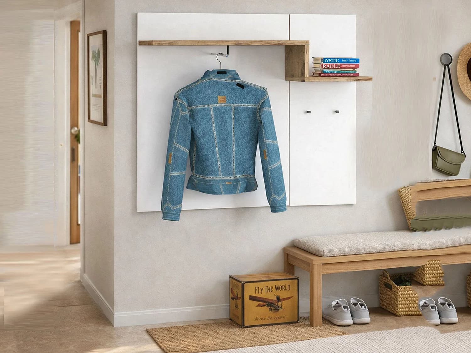 Meuble d'entrée Ezio, entrée multifonction moderne, casier polyvalent pour hall d'entrée, 100% Made in Italy, 120x30h100 cm, blanc brillant et érable