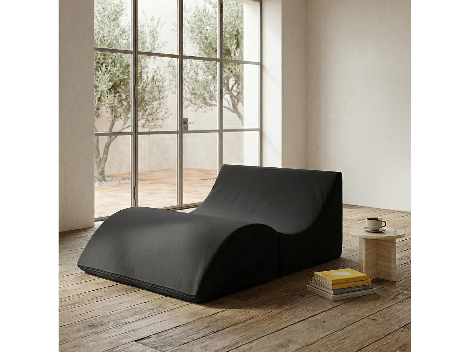 Lit pliant Annabella, Pouf transformable en lit double, Méridienne en éco-cuir, 100% Made in Italy, 100x200h70 cm, Noir