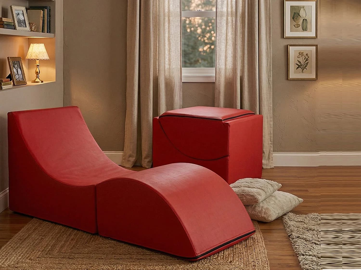 Lit pliant Andreina, Pouf transformable en lit simple, Méridienne en éco-cuir, 100% Made in Italy, 130x50h50 cm, Rouge
