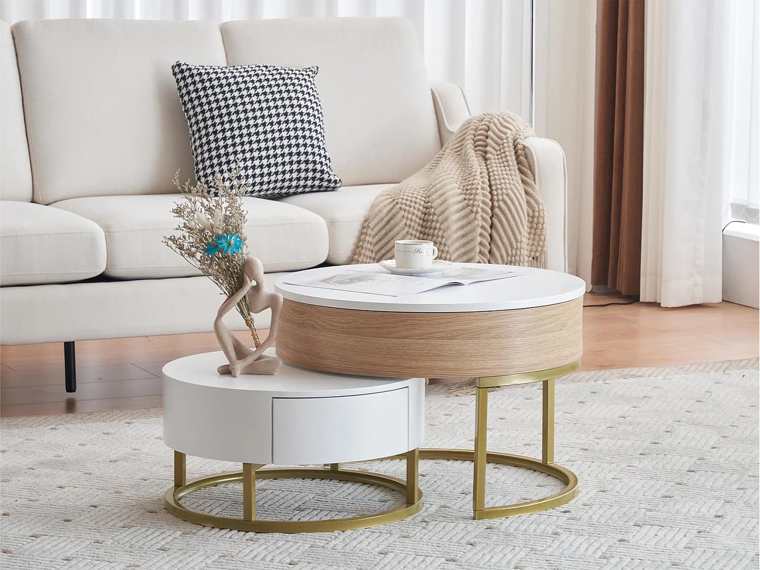 Lot de 2 tables gigognes revelables - avec 2 tirioirs - en MDF - Naturel & Blanc