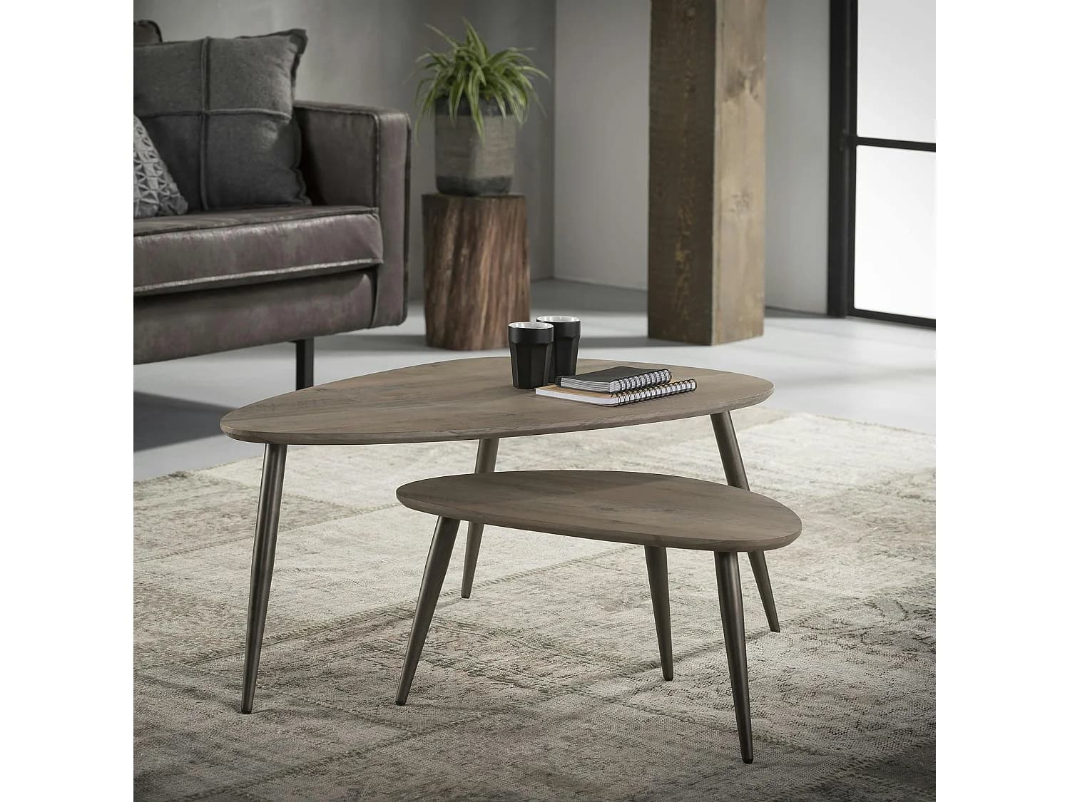 Table d'appoint forme galet effet chêne grisé (2 pièces) HELSINKI