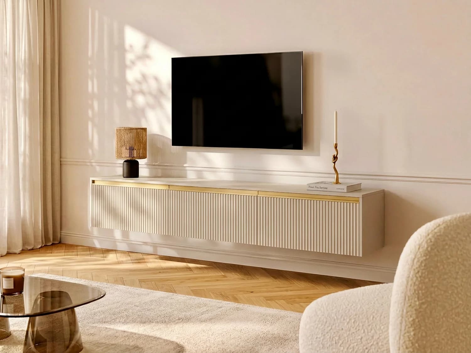 Meuble TV suspendu ou à poser avec 3 portes en MDF - Beige et doré - POSINIA