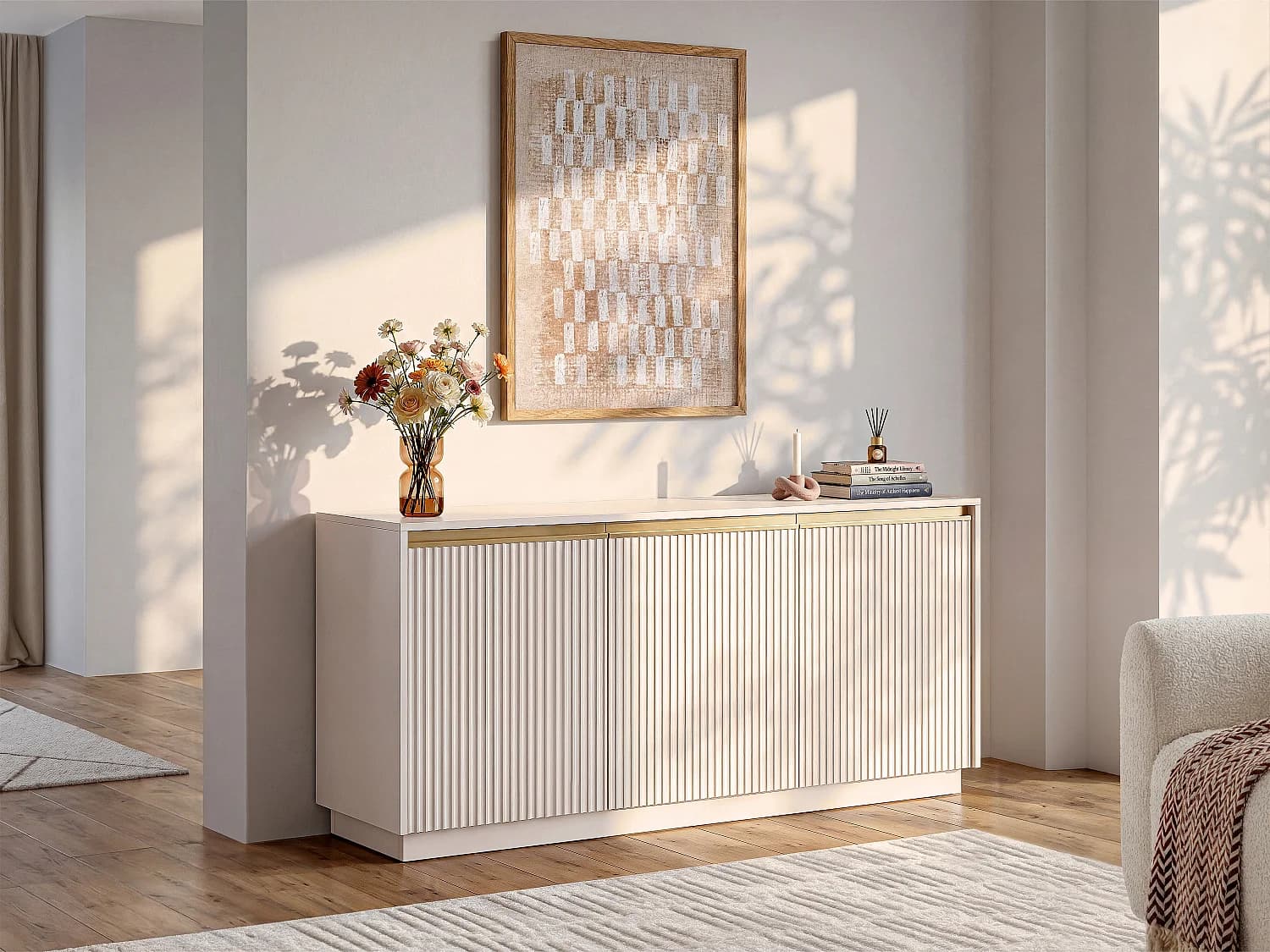 Buffet avec 3 portes en MDF - Beige et doré - POSINIA