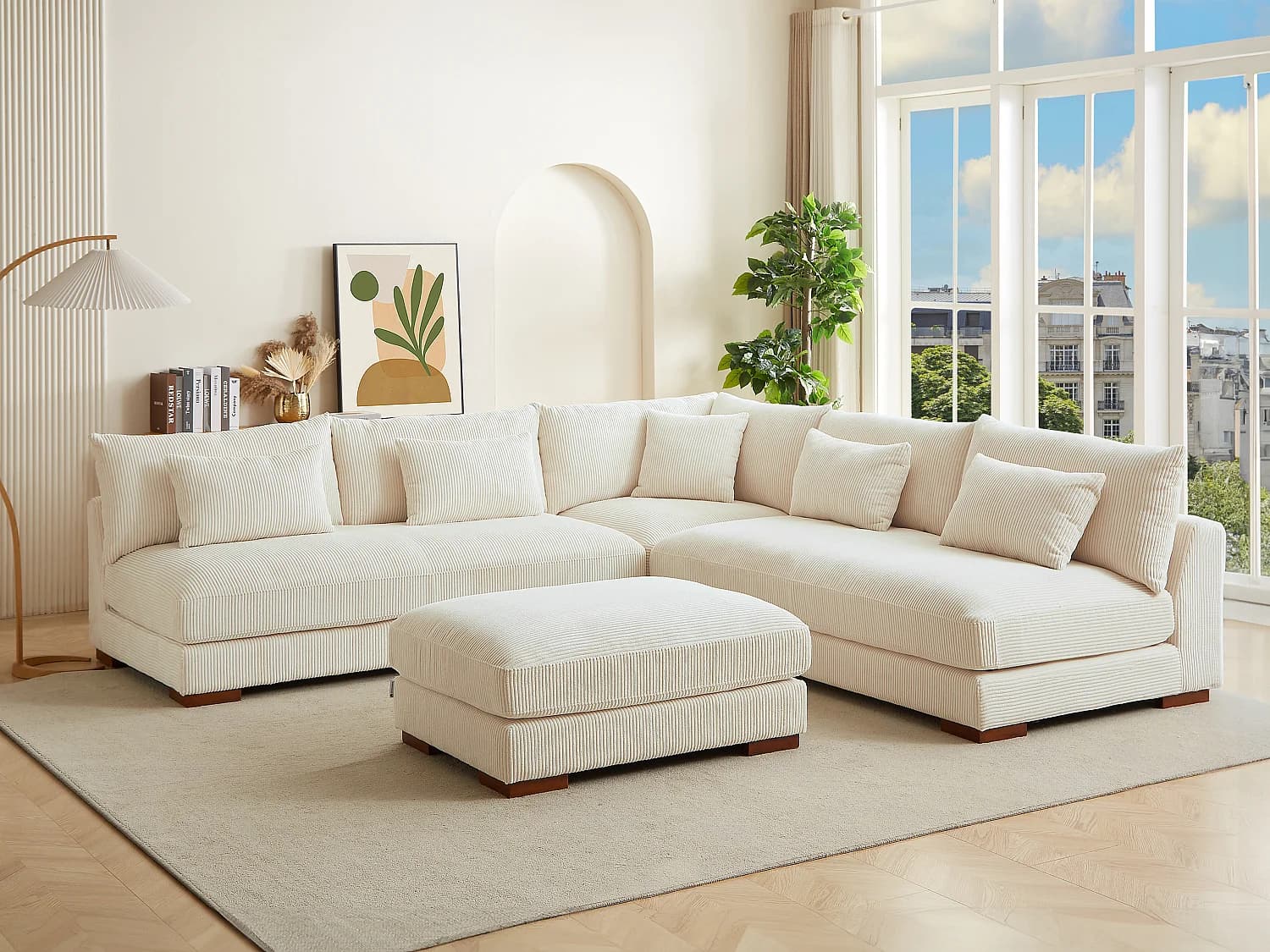 Pouf en velours côtelé beige SPERONE