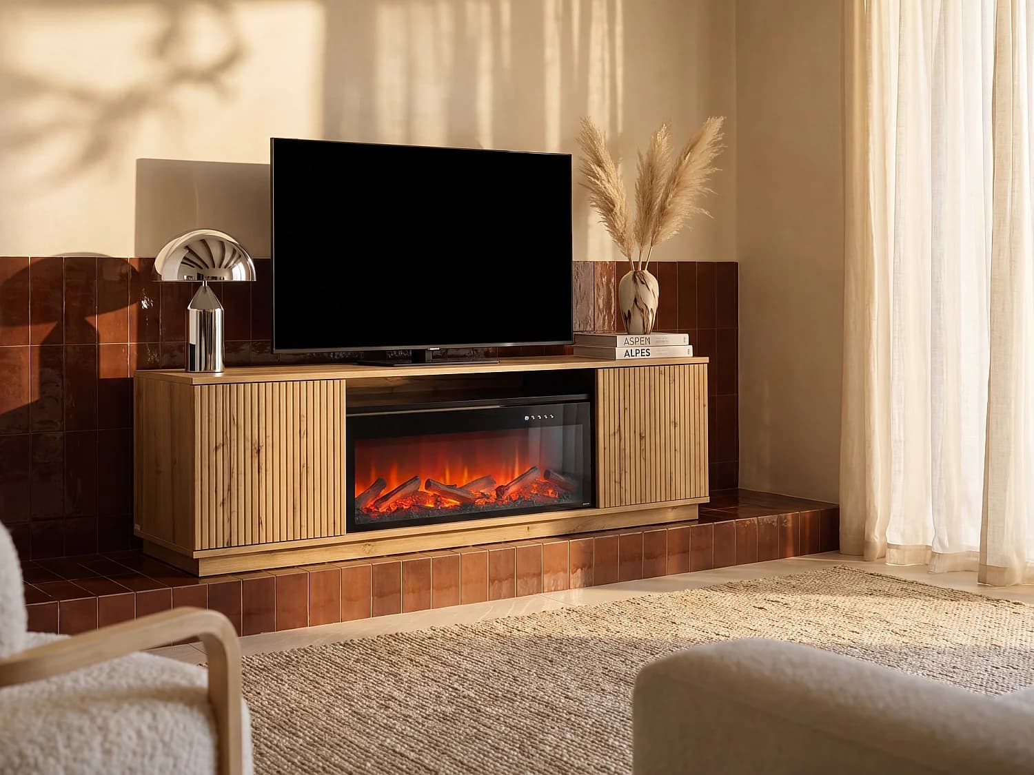 Meuble TV 2 portes en MDF avec effet cheminée à LEDs - Naturel et Noir - YEVINA