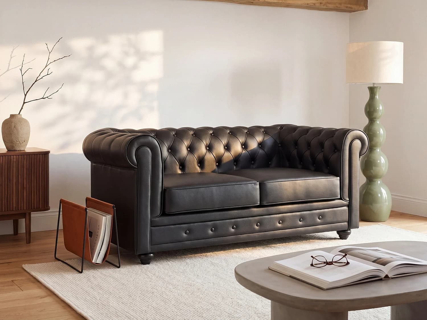 Canapé 2 places en cuir de buffle noir CHESTERFIELD