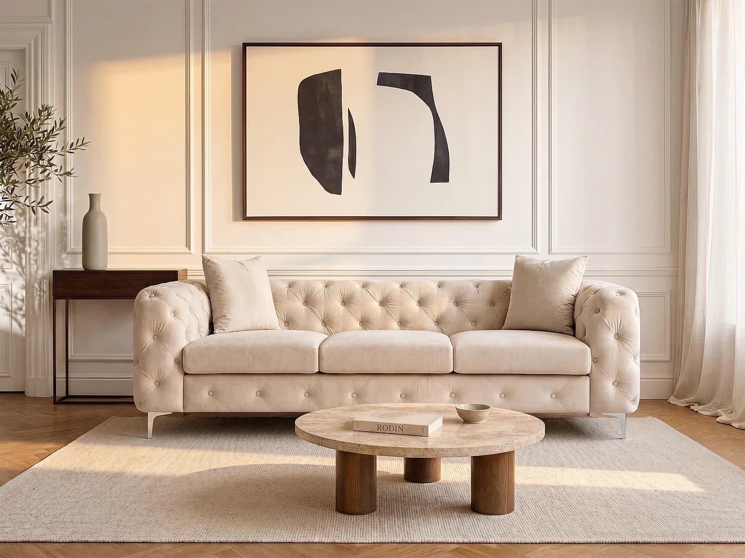 Canapé 3 places chesterfield en velours beige EDWINA