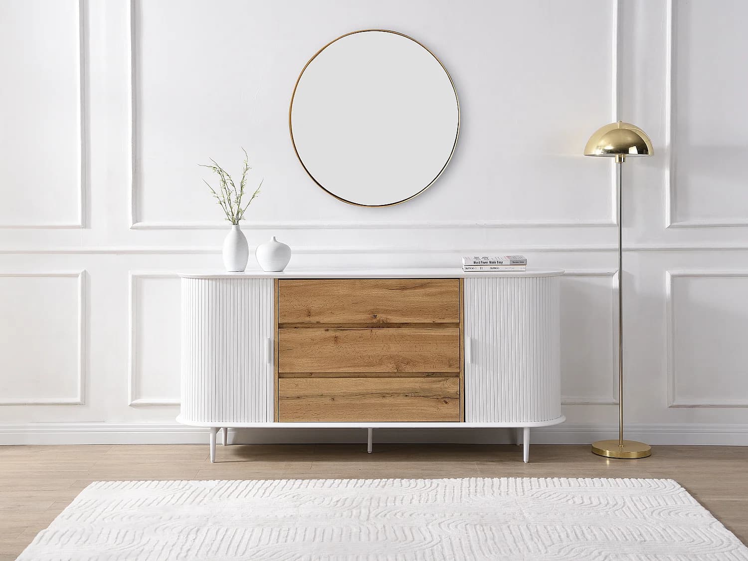 Buffet avec 2 portes coulissantes et 3 tiroirs en MDF - Blanc et naturel - VELURANI