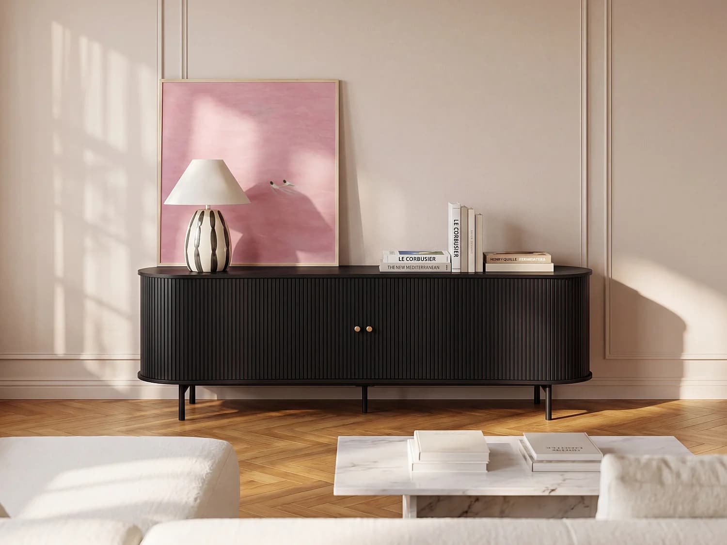 Meuble TV avec 2 portes coulissantes en MDF - Noir - SEVATO