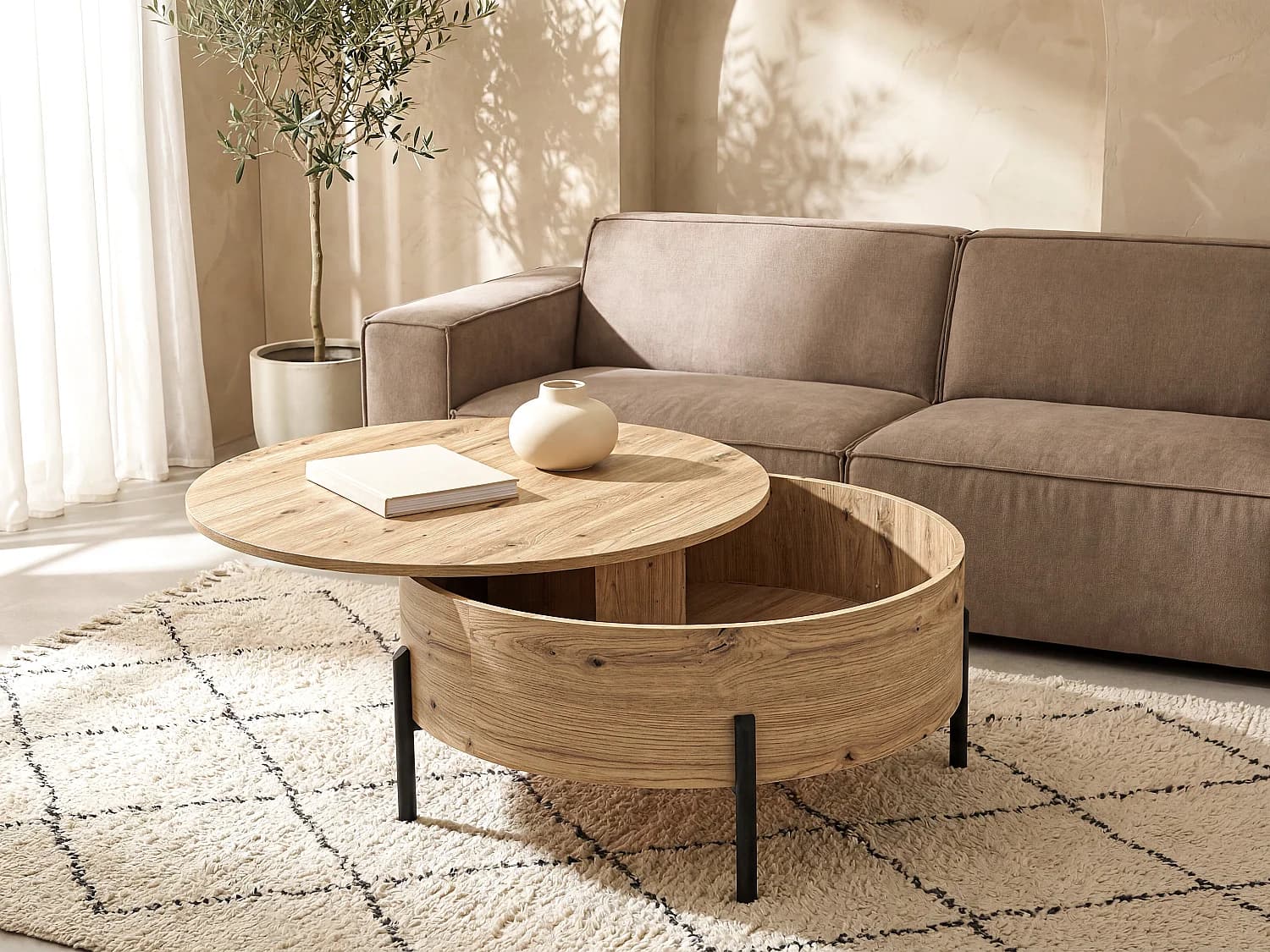 Table basse avec plateau pivotant et coffre de rangement en MDF - Naturel - YEMELIA