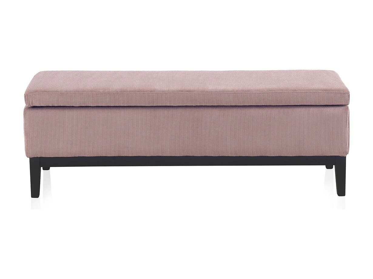 Banquette-coffre rembourrée rose pastel avec pieds en bois noir
