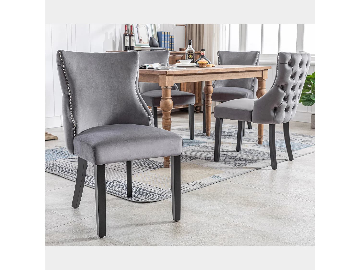Lot de 4 chaises de salle à manger - Velours et bois massif - Dossier à motif losange - Gris et noir