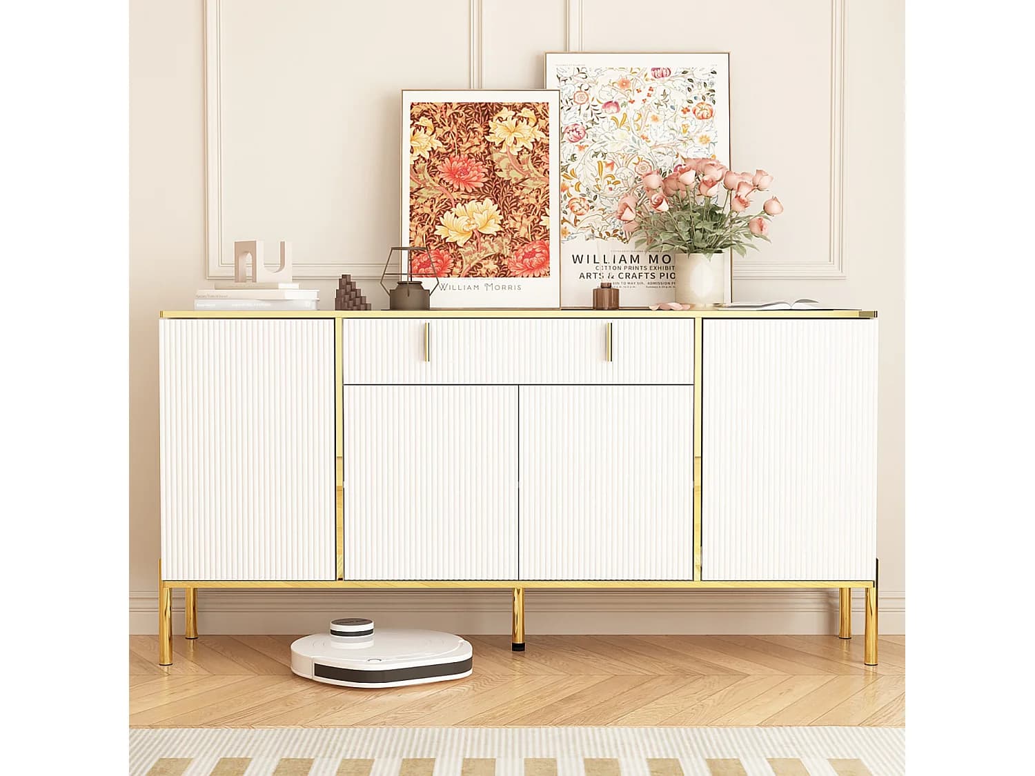 Buffet de Salon avec 4 Portes et 1 Tiroir, Meuble de Rangement avec Pieds en Métal , Salon Chambre Bureau, 160x40x80cm, Blanc