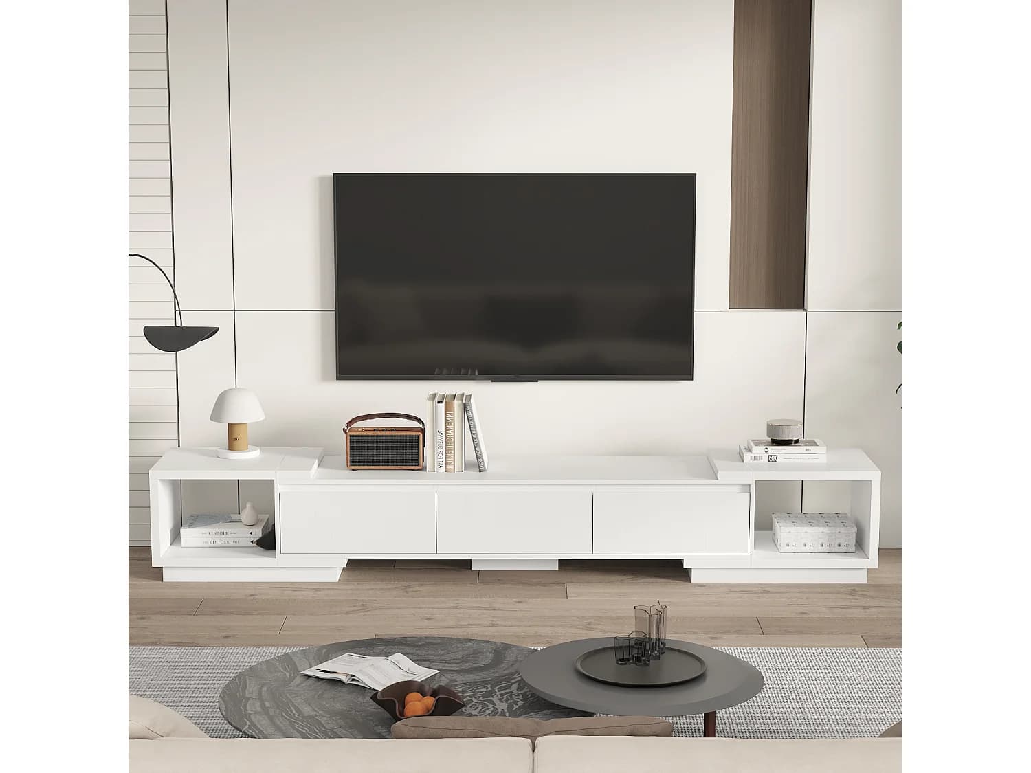 Meuble TV extensible 166-270 cm avec 3 tiroirs et 2 compartiments pour salon, blanc mat