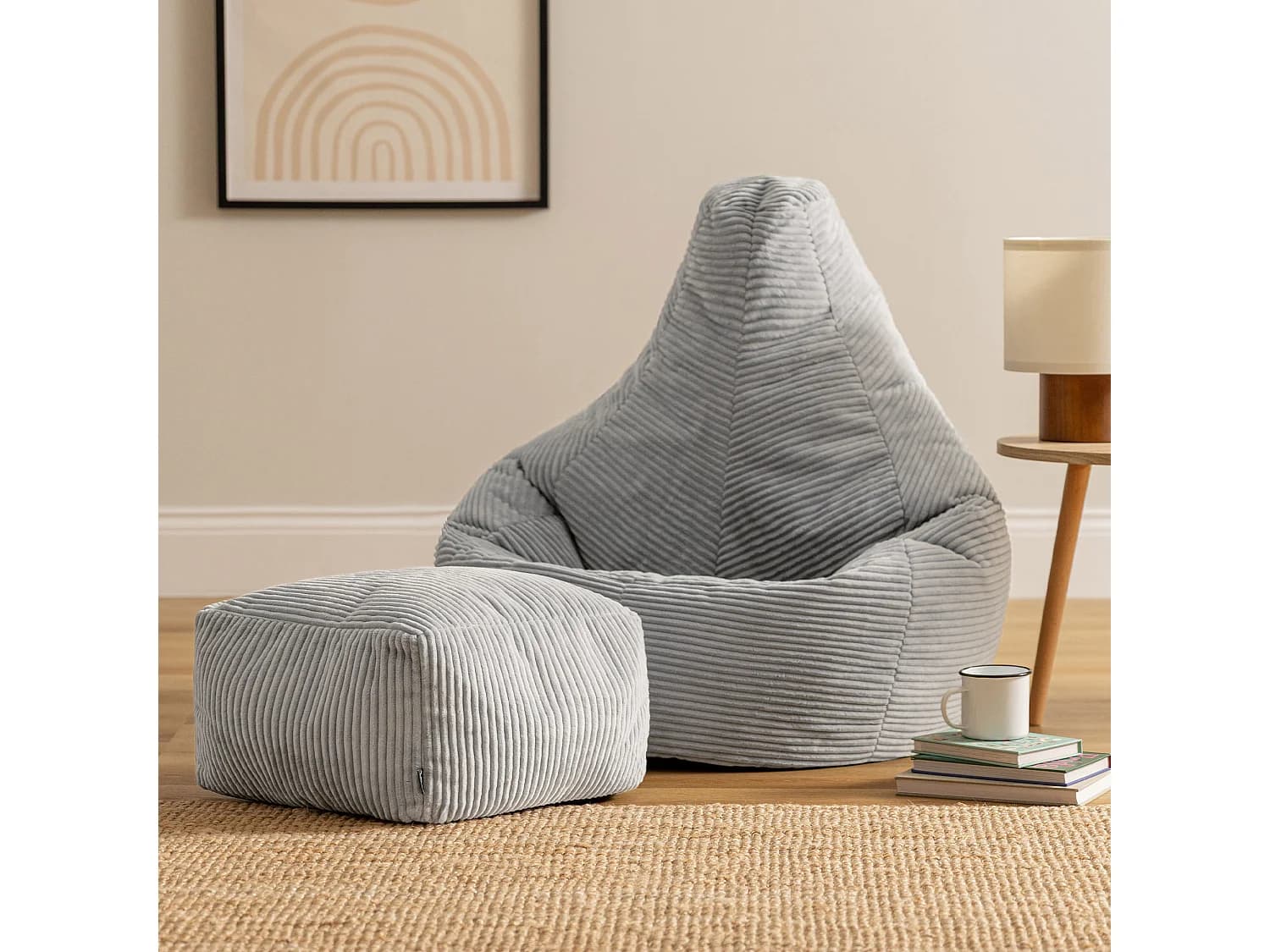 Pouf inclinable et son repose-pied velours côtelé, gris - DALTON