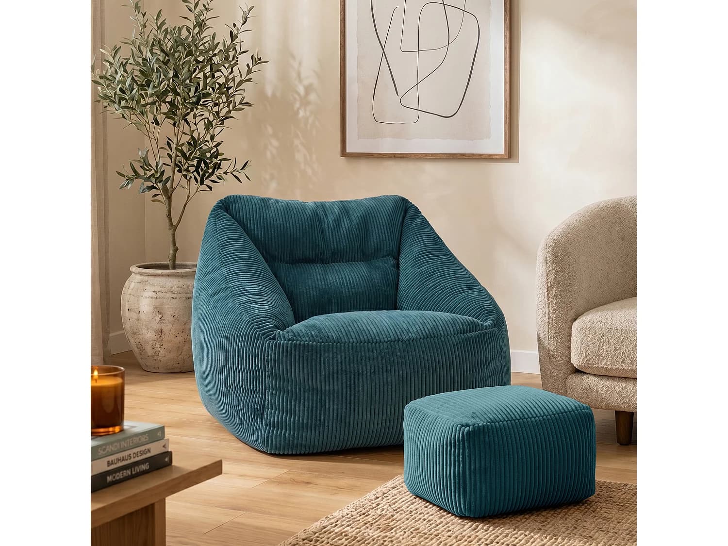 Pouf fauteuil et son repose-pieds carré velours côtelé bleu canard, salon ou chambre - NATALIA