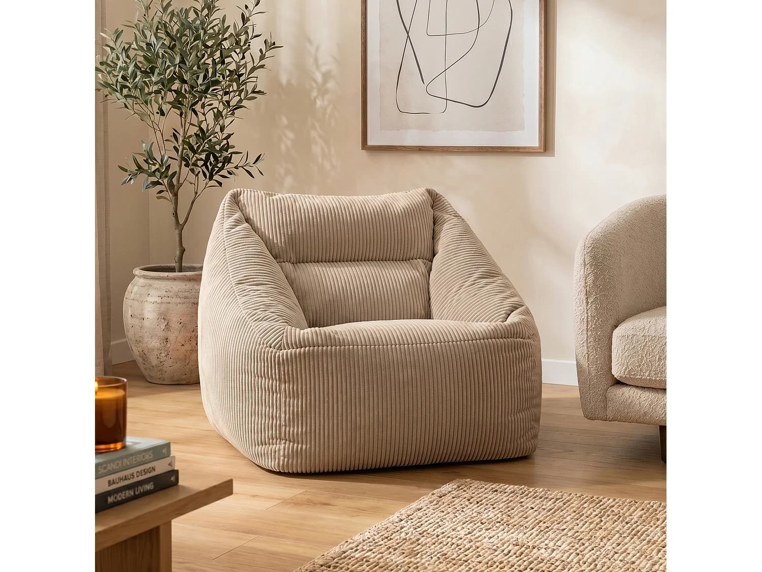 Pouf fauteuil salon ou chambre velours côtelé beige - NATALIA