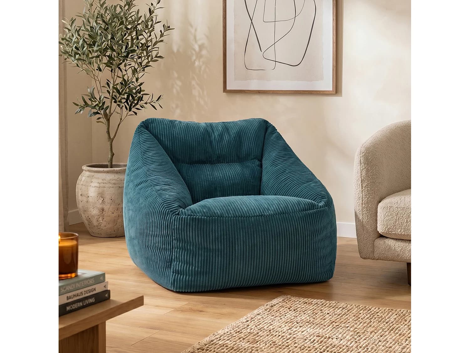 Pouf fauteuil salon ou chambre velours côtelé bleu canard - NATALIA