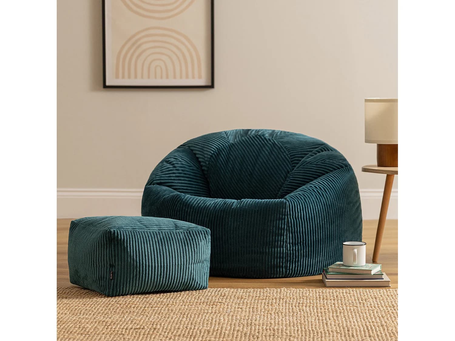 Pouf classique et son repose-pied carré velours côtelé, bleu canard, chambre et salon - KINGSTON