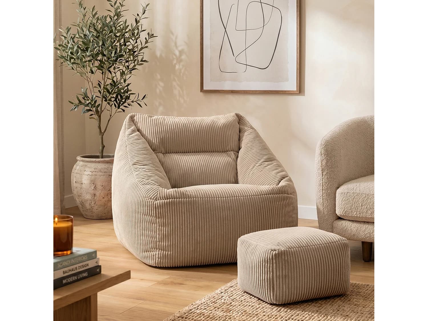 Pouf fauteuil et son repose-pieds carré velours côtelé beige, salon ou chambre - NATALIA