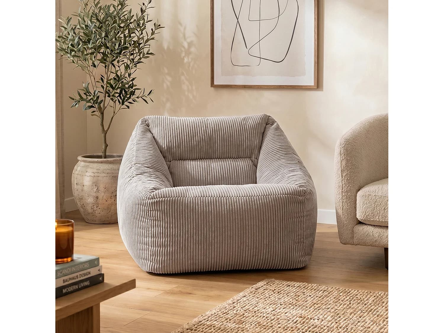 Pouf fauteuil salon ou chambre velours côtelé gris - NATALIA