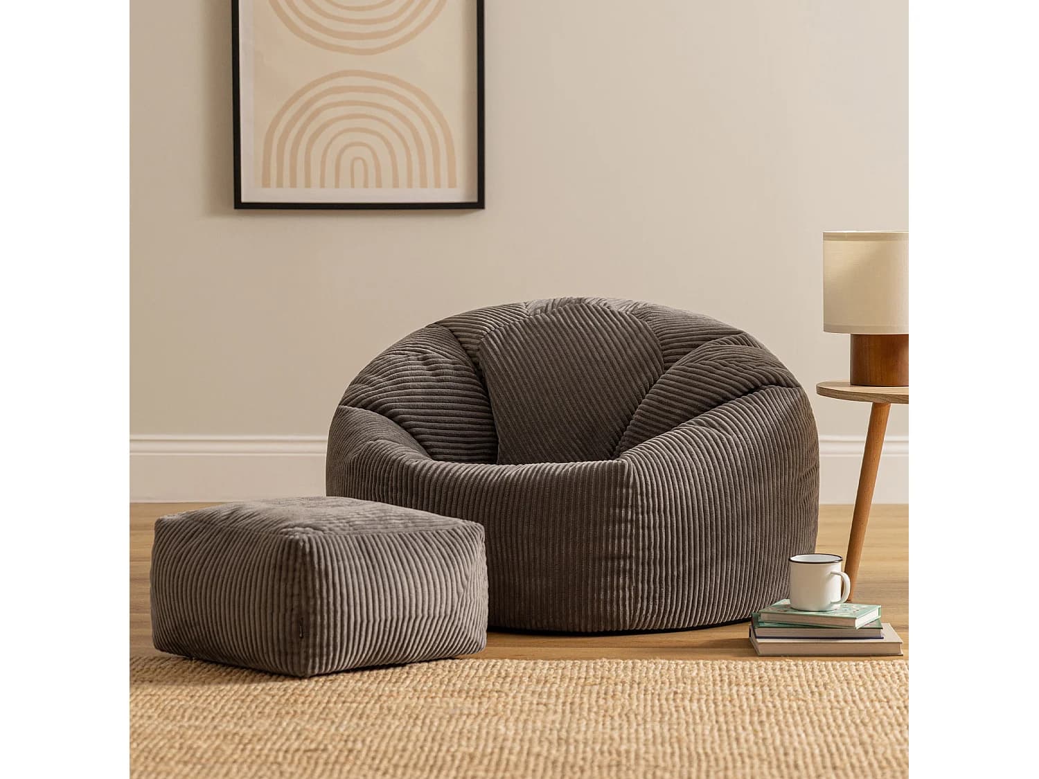Pouf classique et son repose-pied carré velours côtelé, gris anthracite, chambre et salon - KINGSTON