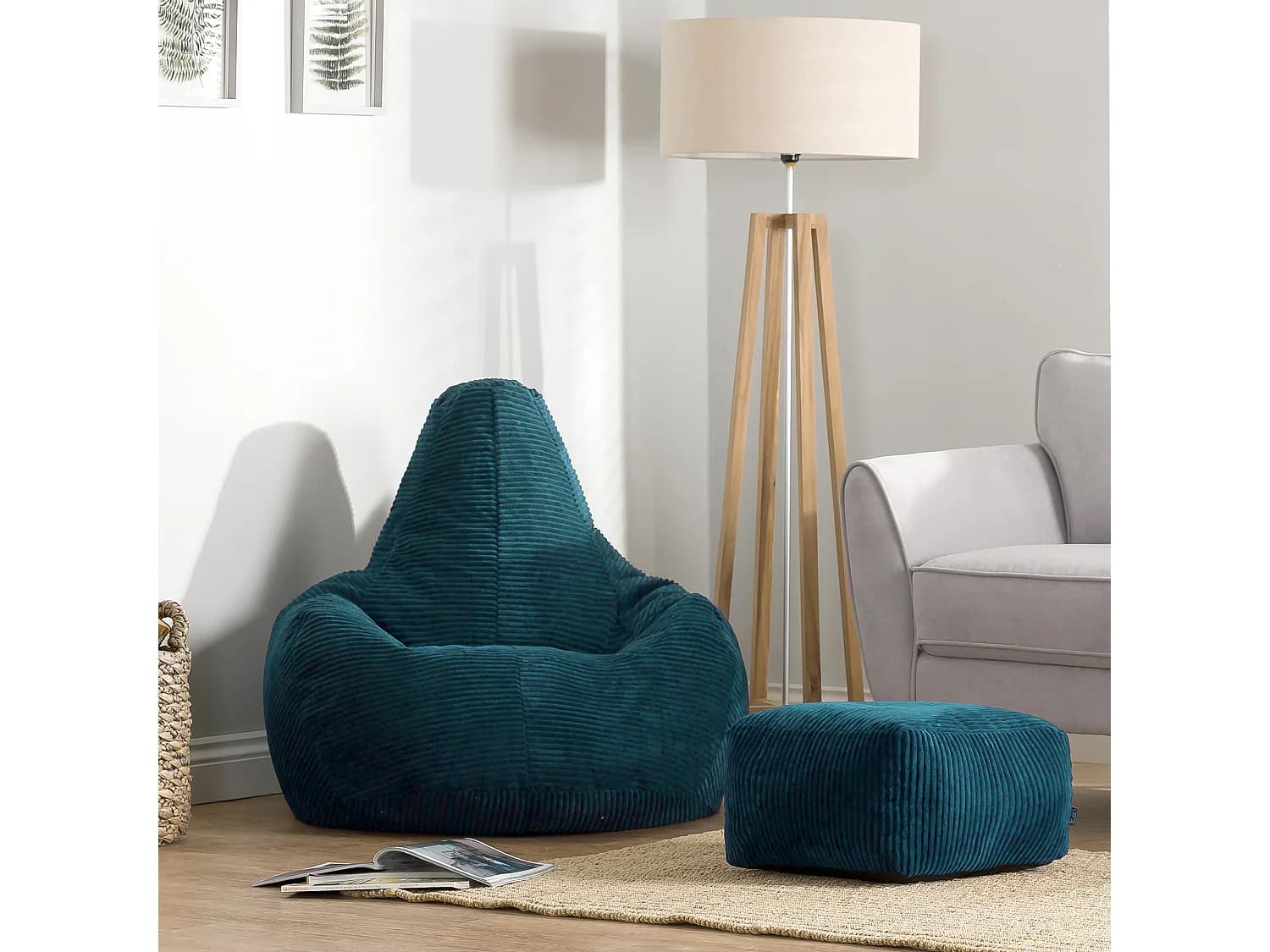 Pouf inclinable velours côtelé, bleu canard - DALTON