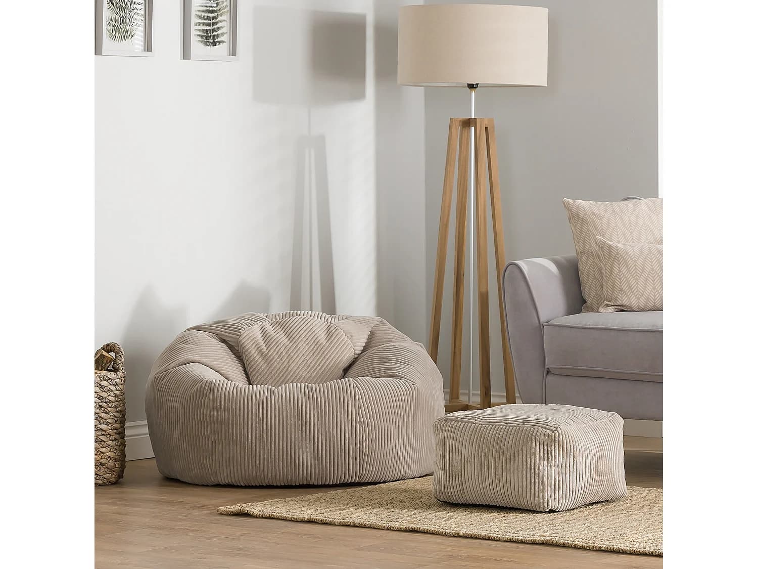 Pouf classique et son repose-pied carré velours côtelé, beige galet, chambre et salon - KINGSTON