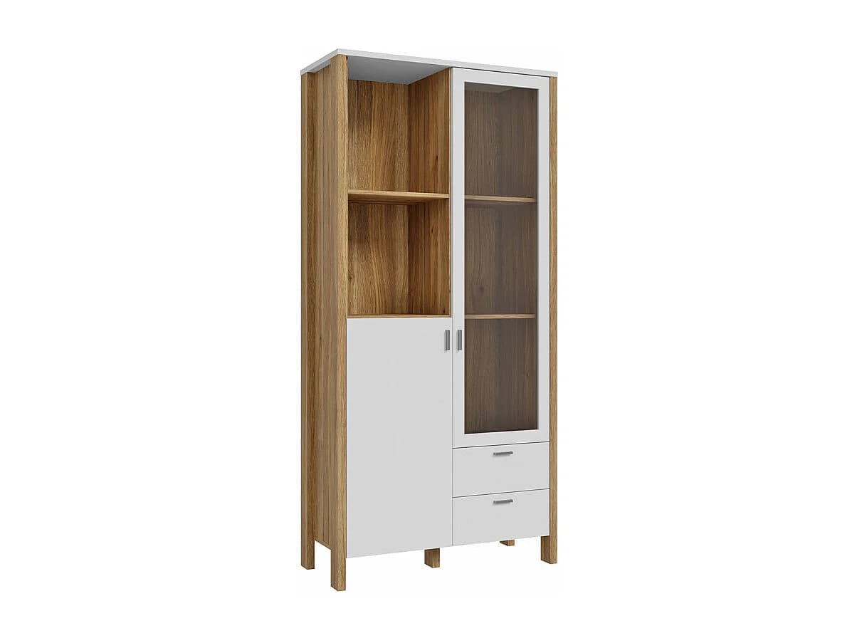 Vaisselier vitré H. 200 cm avec décor gris clair et chêne - DEVONNE