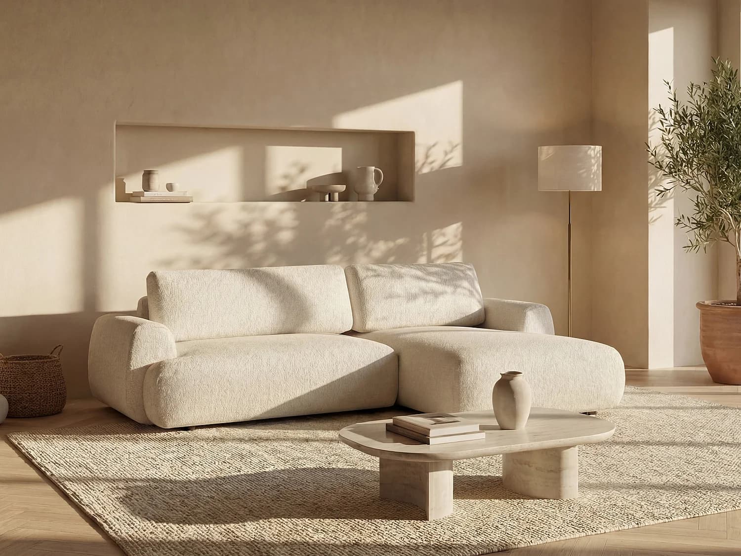 Canapé d'angle droit convertible en tissu chiné beige MONELIA