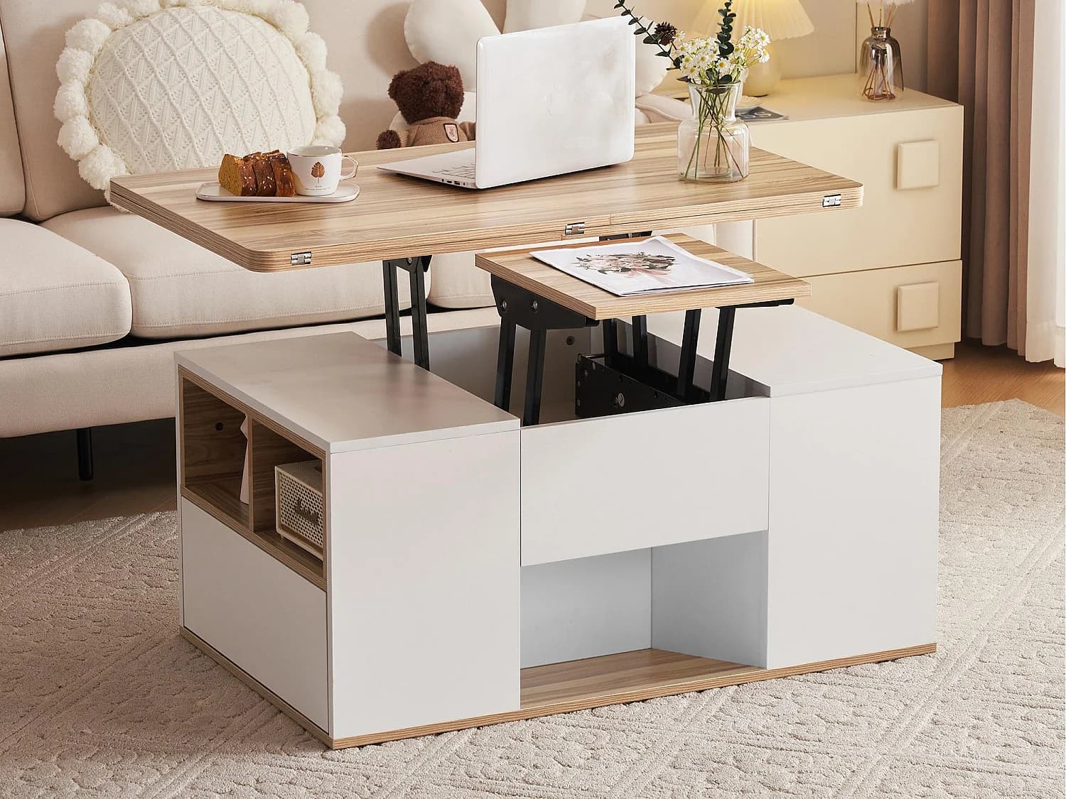 Table basse multifonctionnelle relevable - 2 panneaux 2 tiroirs 2 compartiments - Blanc & Naturel clair